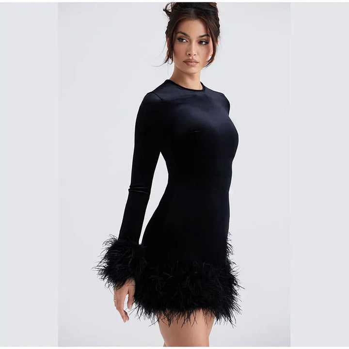 Womens Sheath Dress Feather-Trimmed Sleeves Elegant Fit