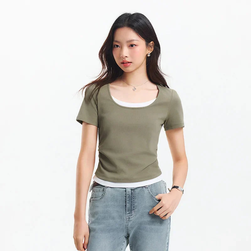 Womens Faux Leather Crop Top V-Neck Slim Fit