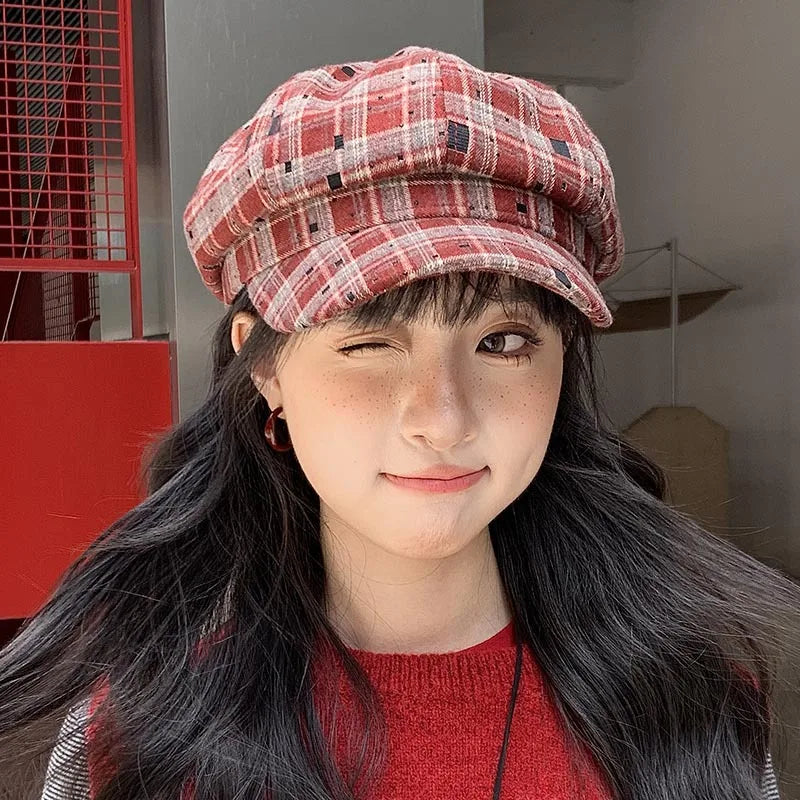 Womens Beret Hat Wool Classic Check Pattern