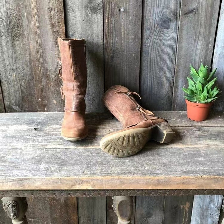 Womens Leather Mid-Calf Boots Zip Closure Block Heel