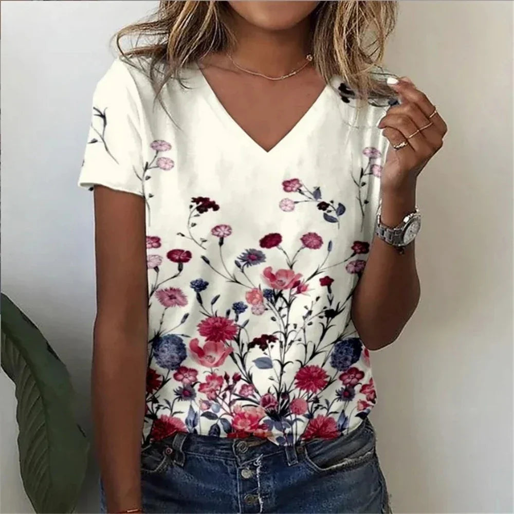 Womens V-Neck T-Shirt Cotton Loose Fit Casual