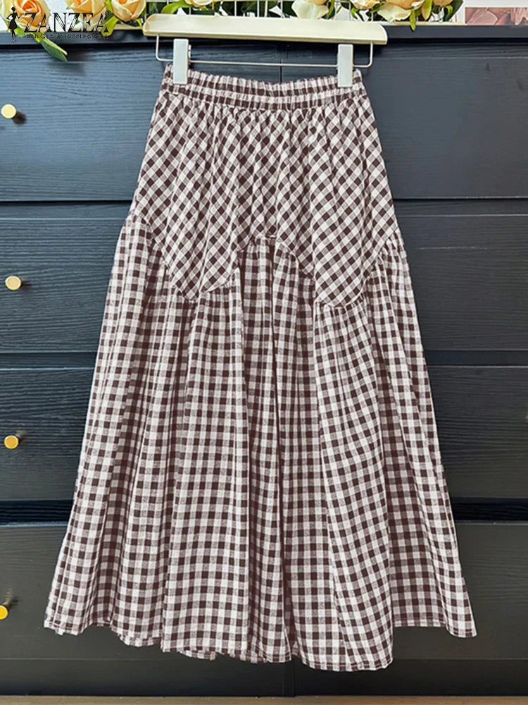Womens Flared Skirt with Checked Pattern Long Length