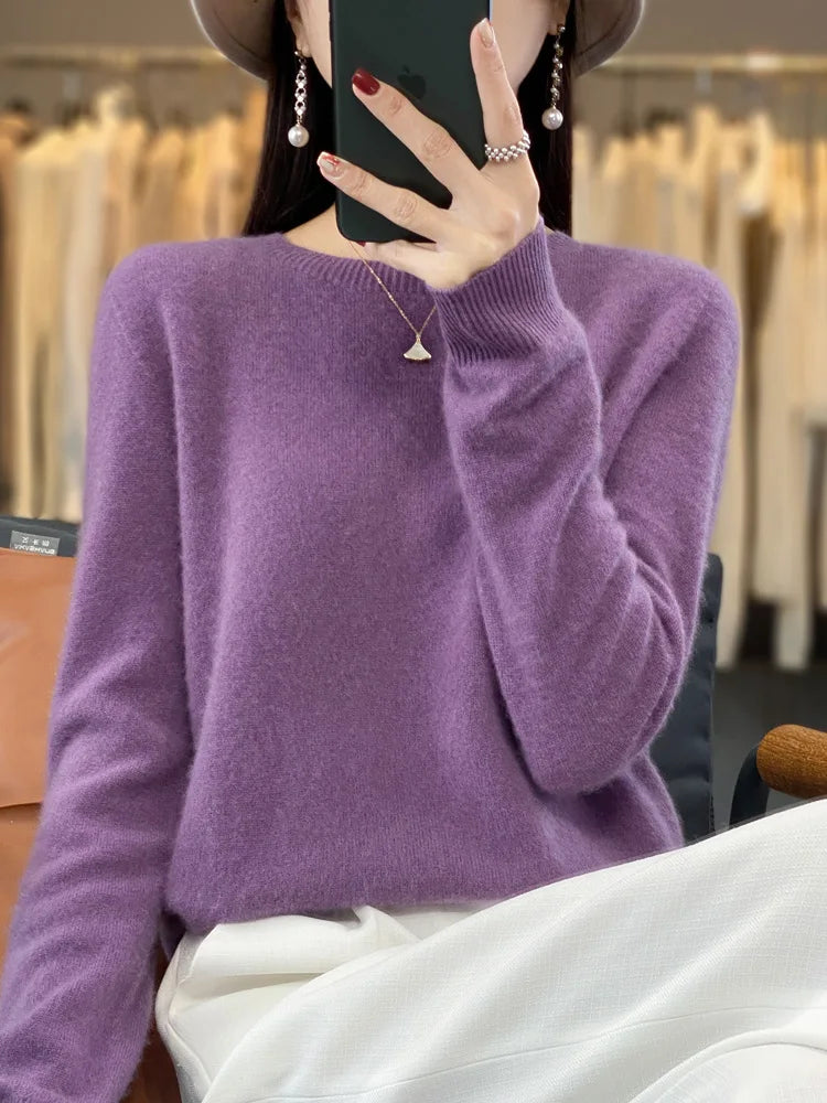 Womens Merino Wool Sweater O-Neck Soft Fit