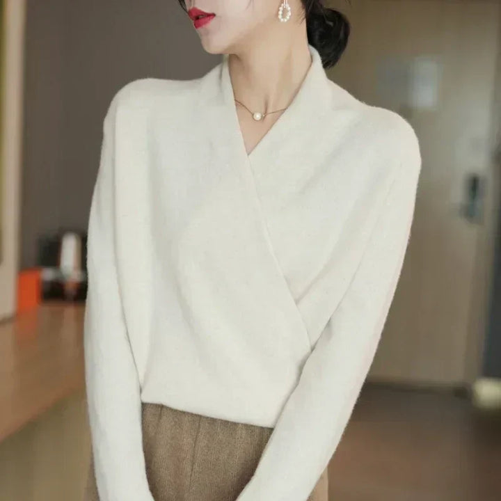 Womens Wrap Front V-Neck Knit Sweater Long Sleeve Soft - BritishMode