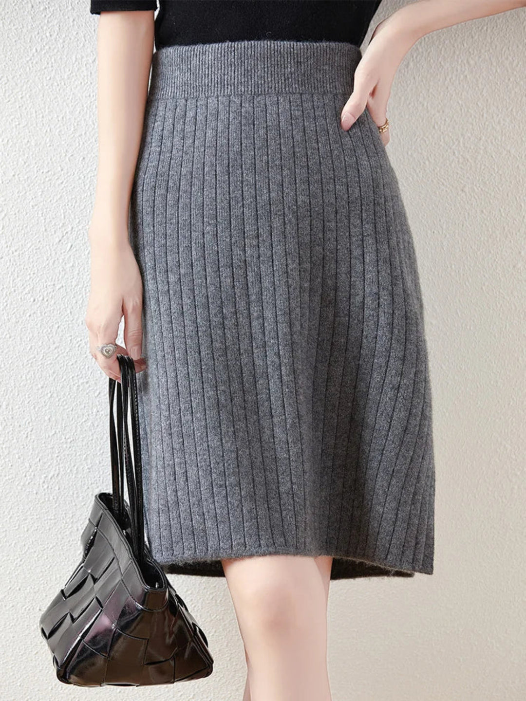 Womens Merino Wool Knit Midi Skirt Ribbed Soft Fit - BritishMode