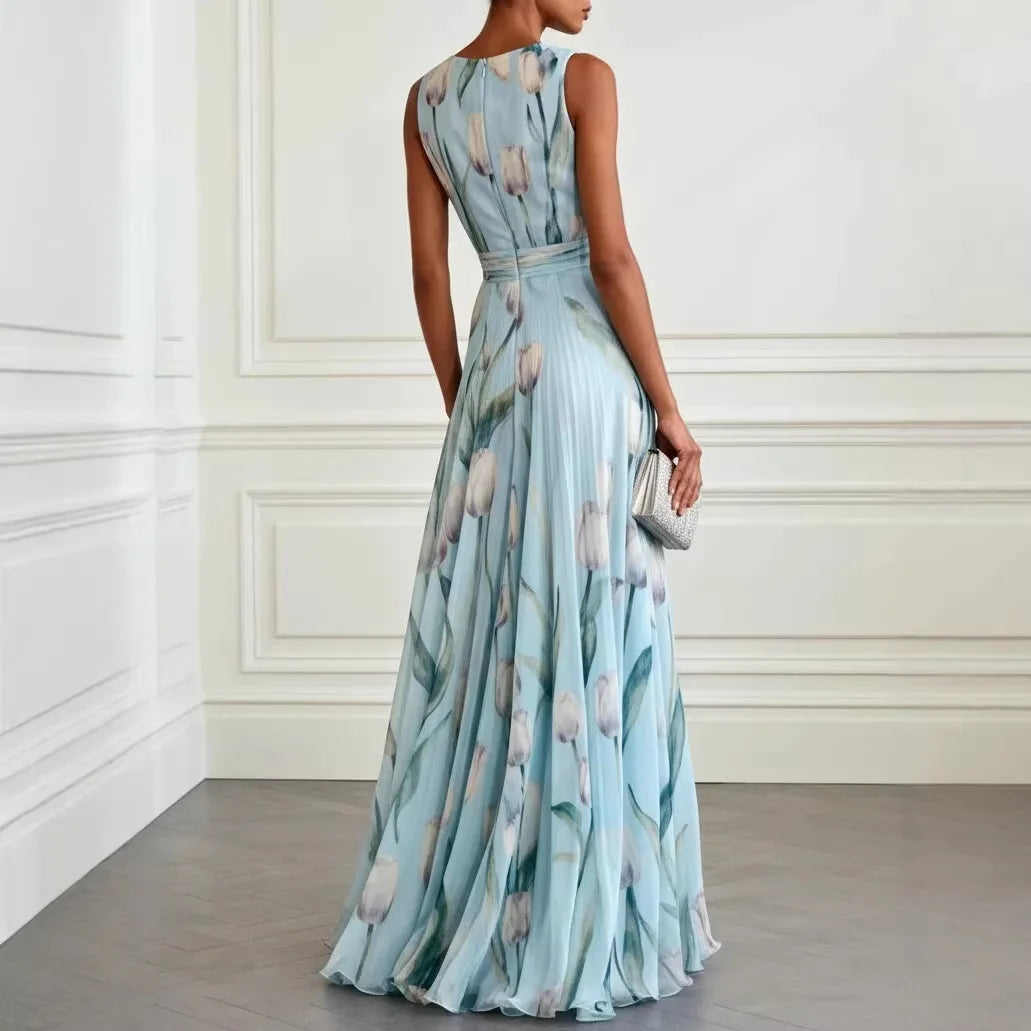 Womens Maxi Dress V-Neck Tulip Print Brooch Detail
