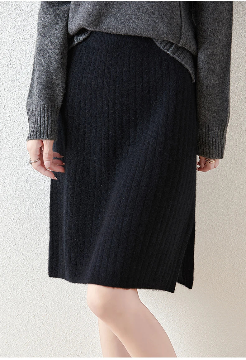 Womens Merino Wool Knit Midi Skirt Ribbed Soft Fit