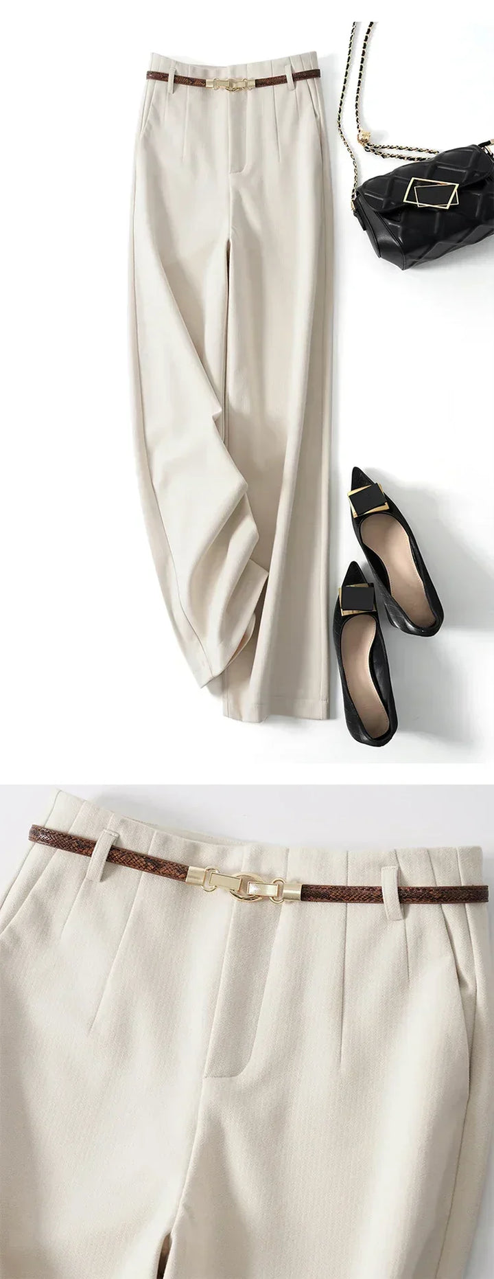 Womens High-Waist Wide-Leg Trousers Polyester Tailored Fit with Belt