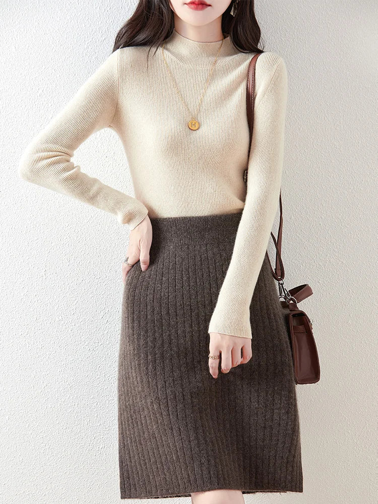 Womens Merino Wool Knit Midi Skirt Ribbed Soft Fit