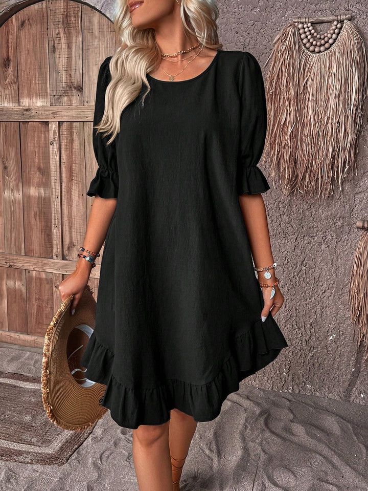 Womens Summer Dress with Ruffle Hem Round Neck Puff Sleeve
