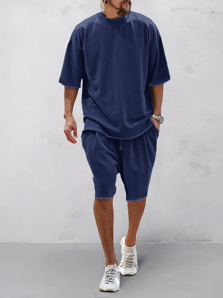 Mens Sports Set Cotton Loose Fit T-Shirt and Shorts