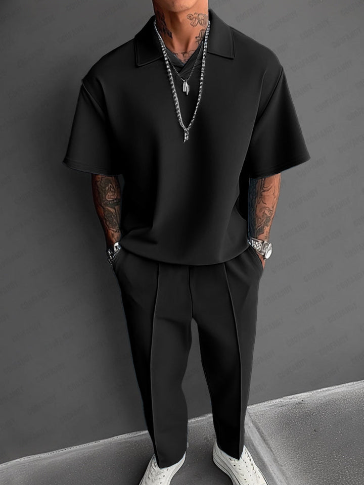 Mens Casual Two-Piece Set Lightweight Lapel Top