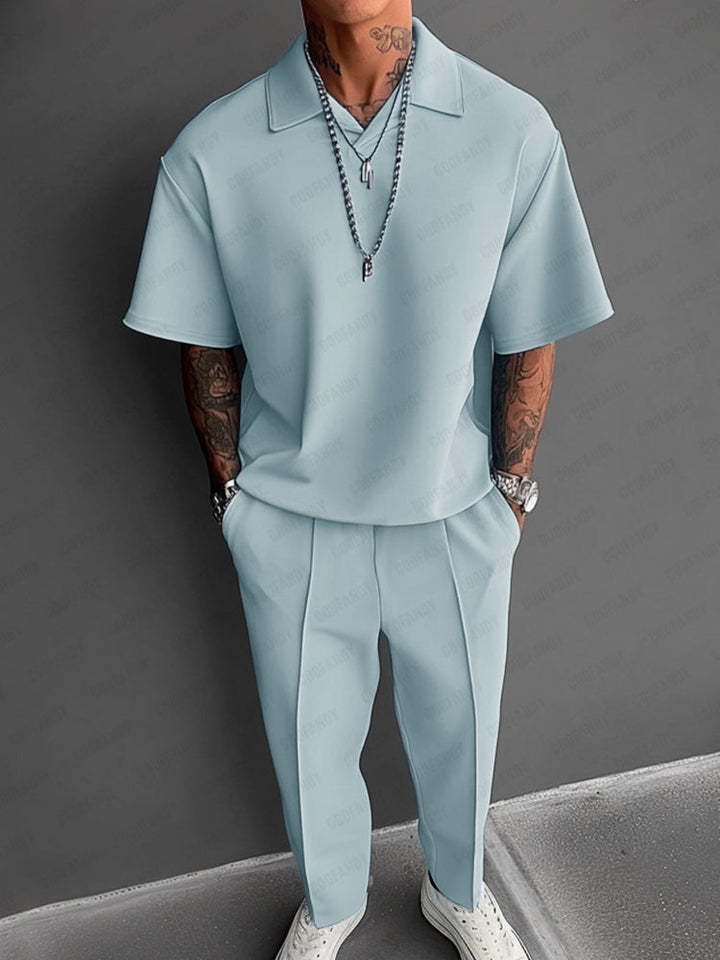Mens Casual Two-Piece Set Lightweight Lapel Top - BritishMode