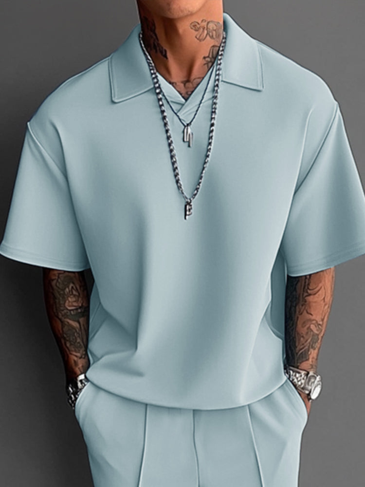 Mens Casual Two-Piece Set Lightweight Lapel Top