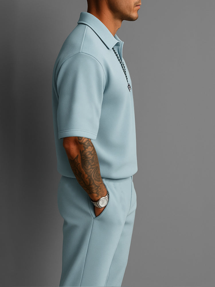 Mens Casual Two-Piece Set Lightweight Lapel Top