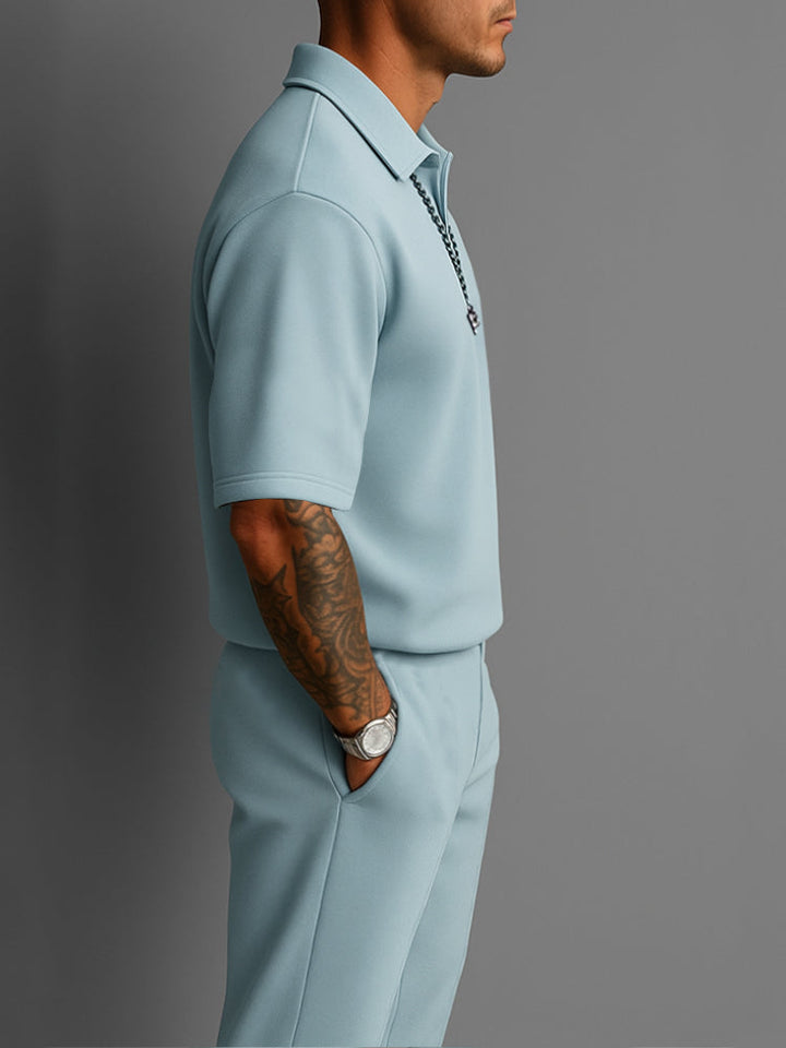 Mens Casual Two-Piece Set Lightweight Lapel Top