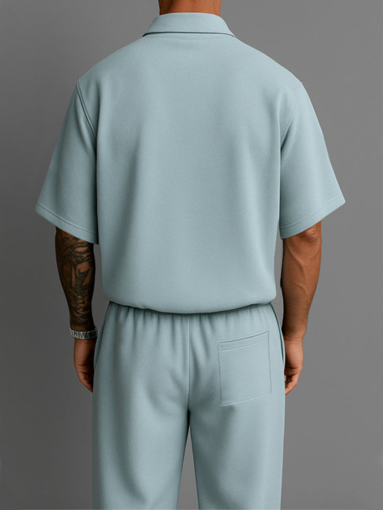 Mens Casual Two-Piece Set Lightweight Lapel Top