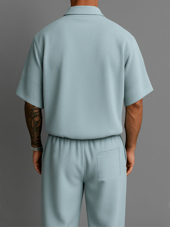 Mens Casual Two-Piece Set Lightweight Lapel Top