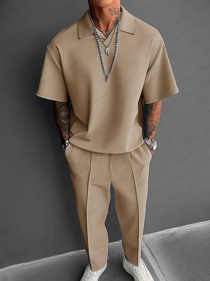 Mens Casual Two-Piece Set Lightweight Lapel Top