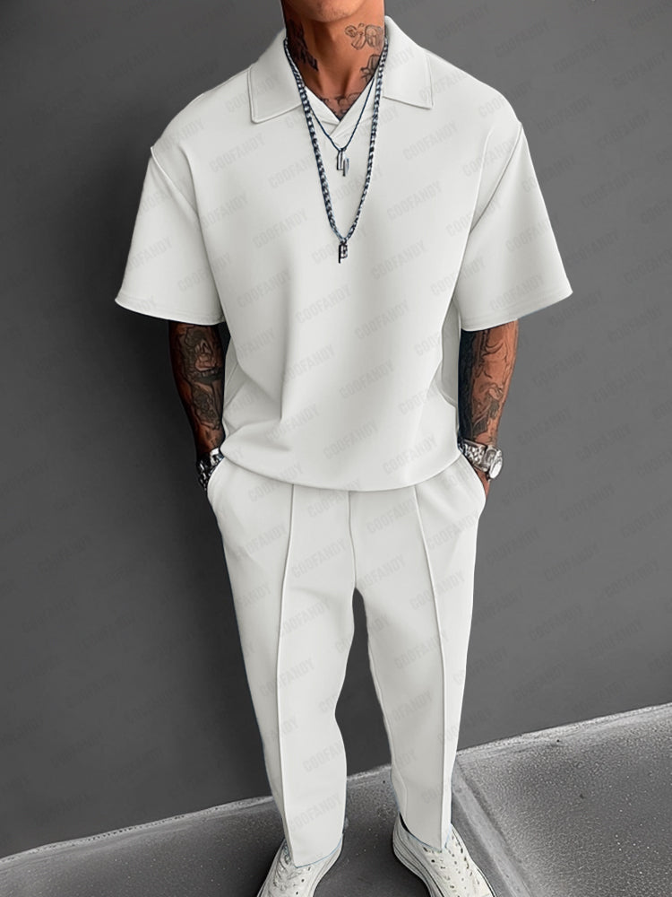 Mens Casual Two-Piece Set Lightweight Lapel Top