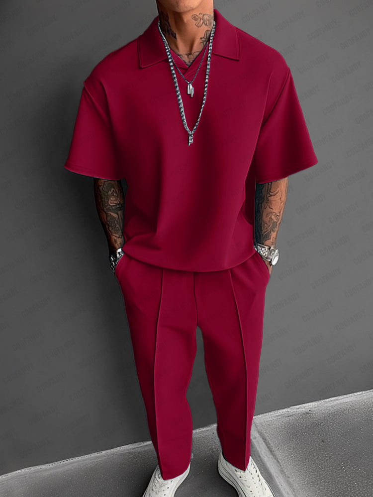 Mens Casual Two-Piece Set Lightweight Lapel Top