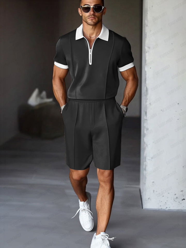 Mens Polo Shirt and Shorts Set Zip Front Relaxed Fit