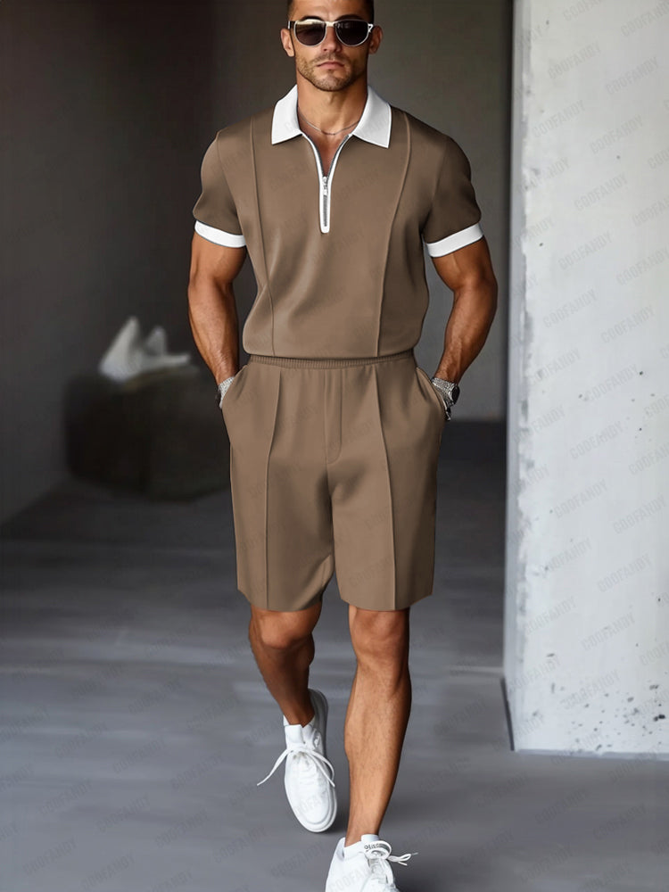 Mens Polo Shirt and Shorts Set Zip Front Relaxed Fit - BritishMode