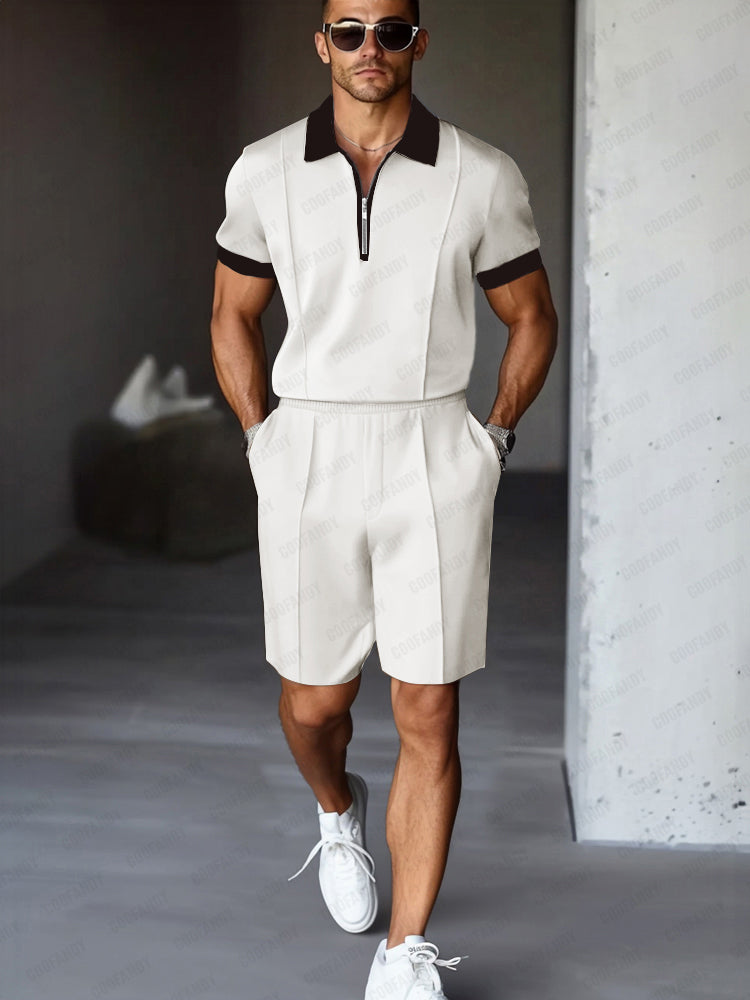 Mens Polo Shirt and Shorts Set Zip Front Relaxed Fit