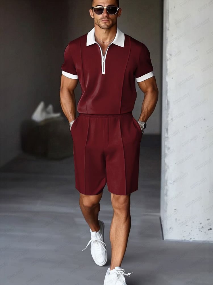 Mens Polo Shirt and Shorts Set Zip Front Relaxed Fit