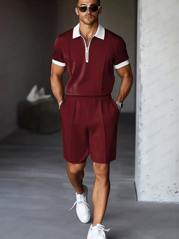 Mens Polo Shirt and Shorts Set Zip Front Relaxed Fit