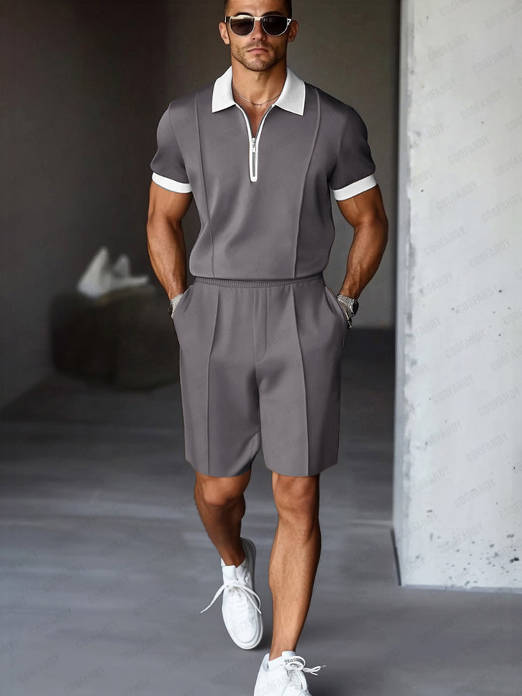 Mens Polo Shirt and Shorts Set Zip Front Relaxed Fit