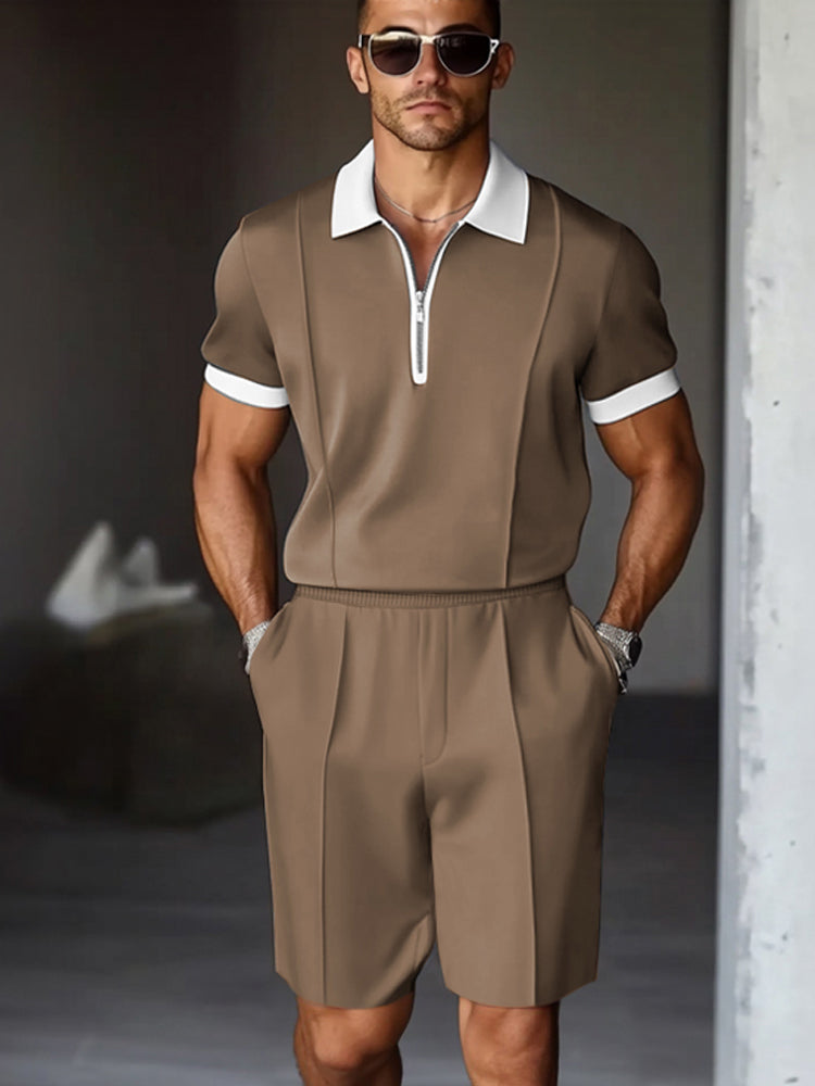 Mens Polo Shirt and Shorts Set Zip Front Relaxed Fit