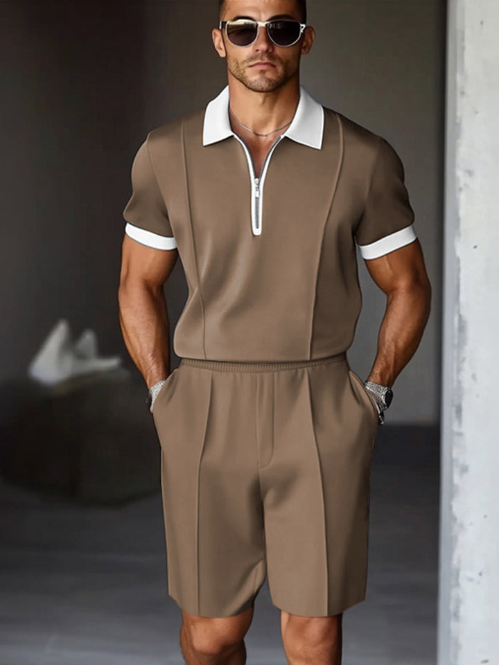 Mens Polo Shirt and Shorts Set Zip Front Relaxed Fit