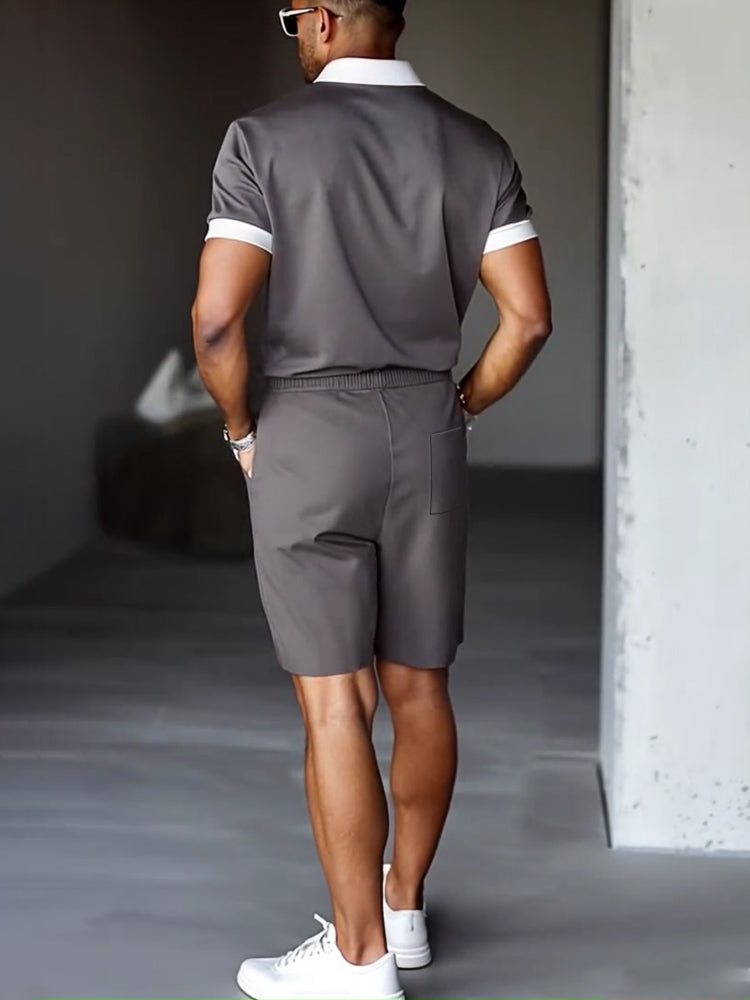 Mens Polo Shirt and Shorts Set Zip Front Relaxed Fit