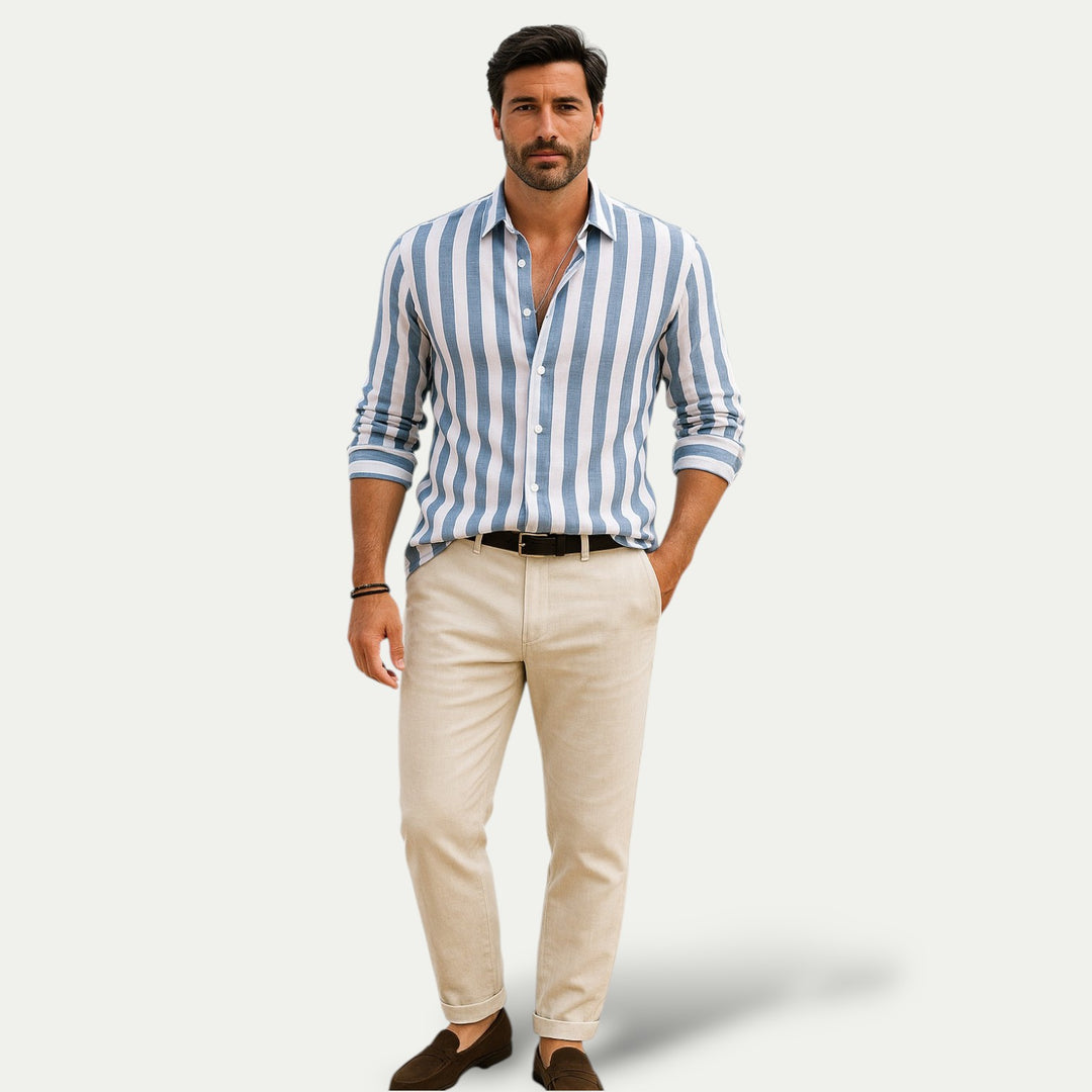 Mens Linen Shirt Striped Regular Fit