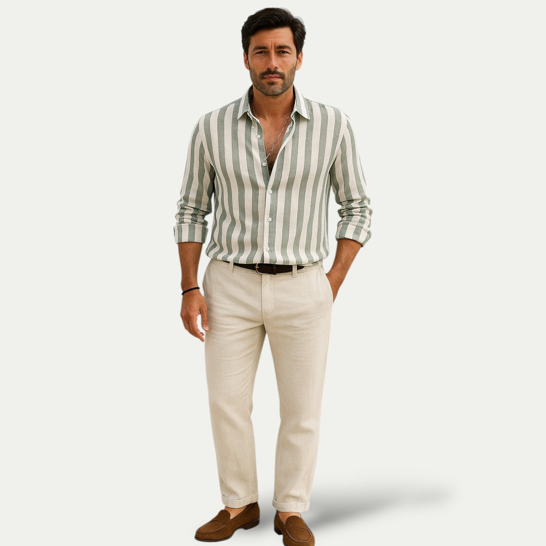 Mens Linen Shirt Striped Regular Fit