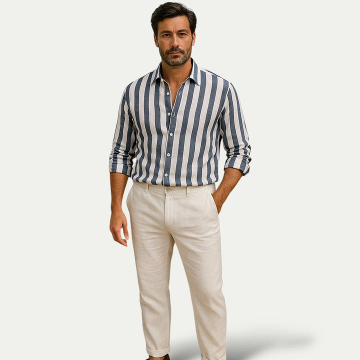 Mens Linen Shirt Striped Regular Fit