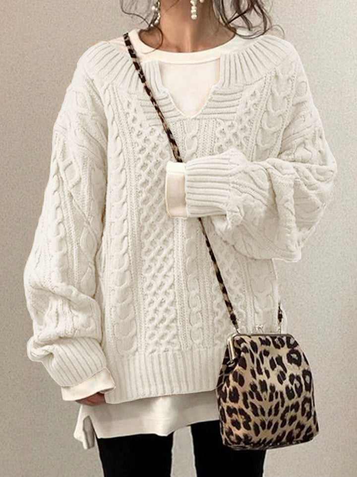 Womens Oversized Cable Knit Sweater V-Neck Style - BritishMode