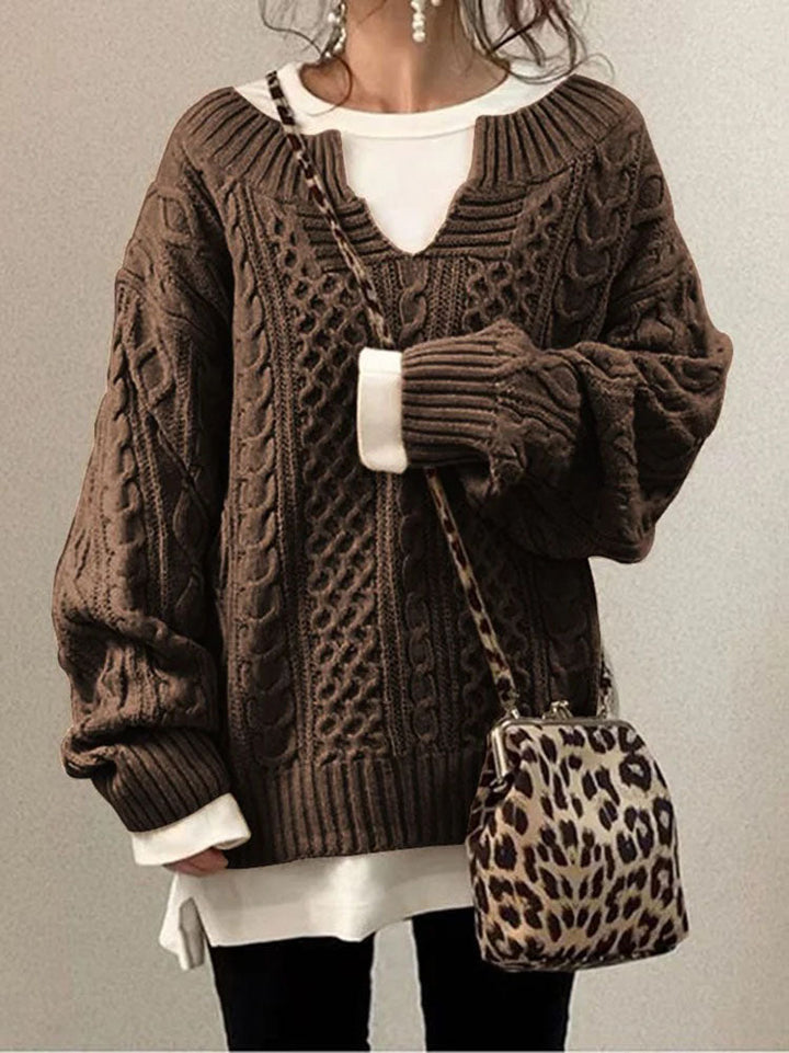 Womens Oversized Cable Knit Sweater V-Neck Style