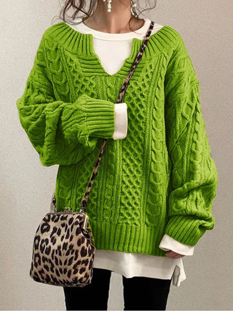 Womens Oversized Cable Knit Sweater V-Neck Style