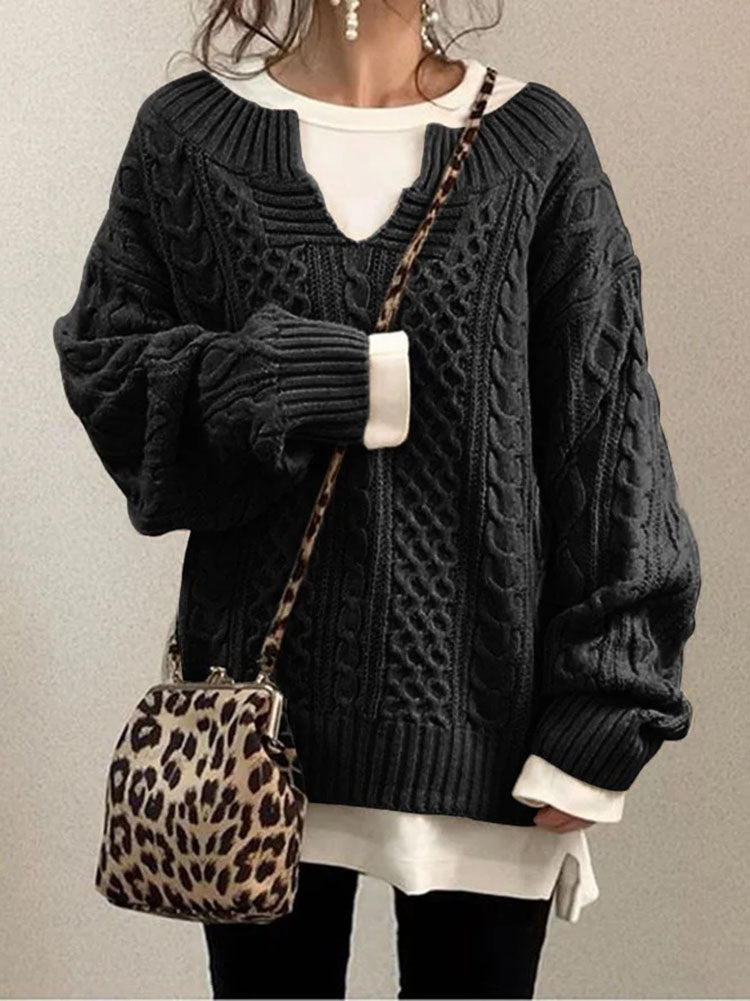 Womens Oversized Cable Knit Sweater V-Neck Style