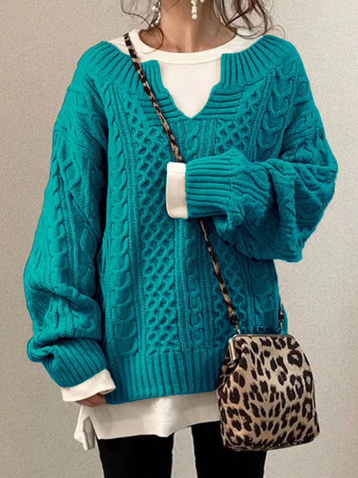 Womens Oversized Cable Knit Sweater V-Neck Style
