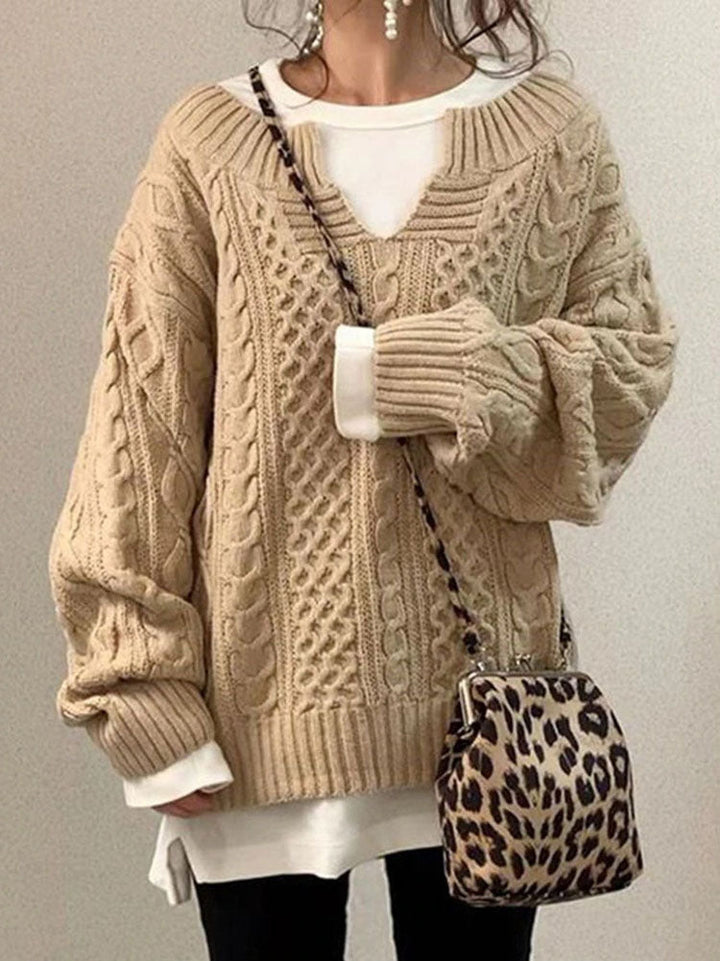 Womens Oversized Cable Knit Sweater V-Neck Style