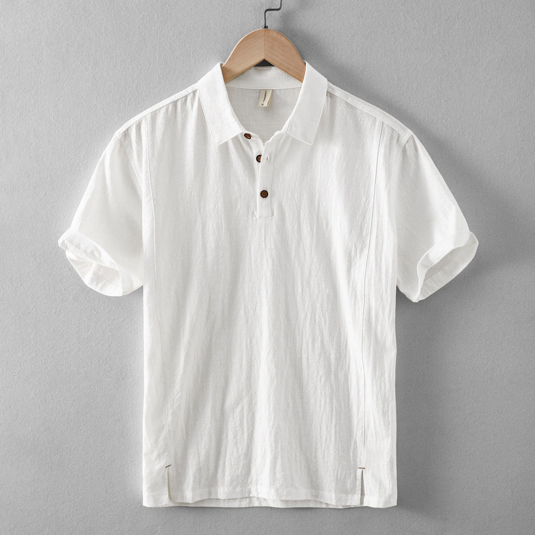 Mens Polo Shirt Cotton Linen Short Sleeve Casual Collar