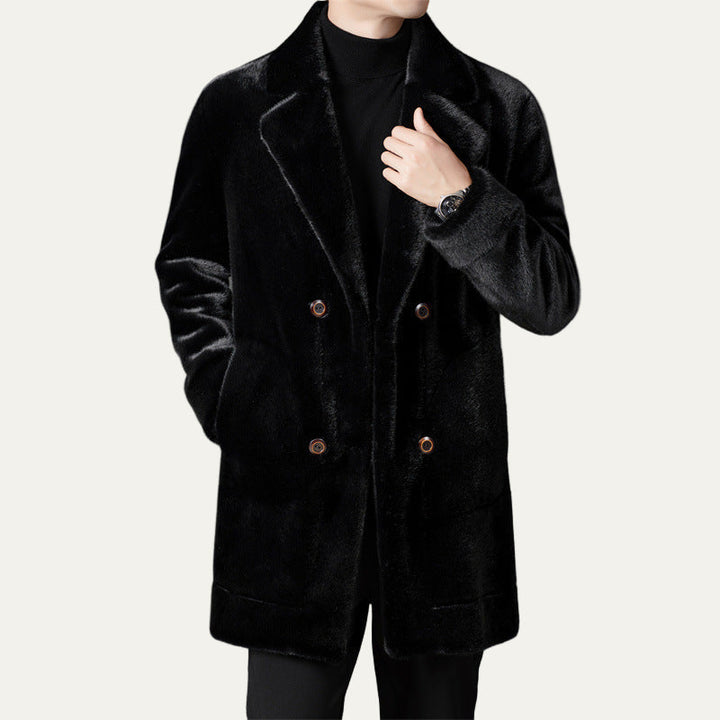 Mens Mid-Length Coat Faux Fur Double Breasted