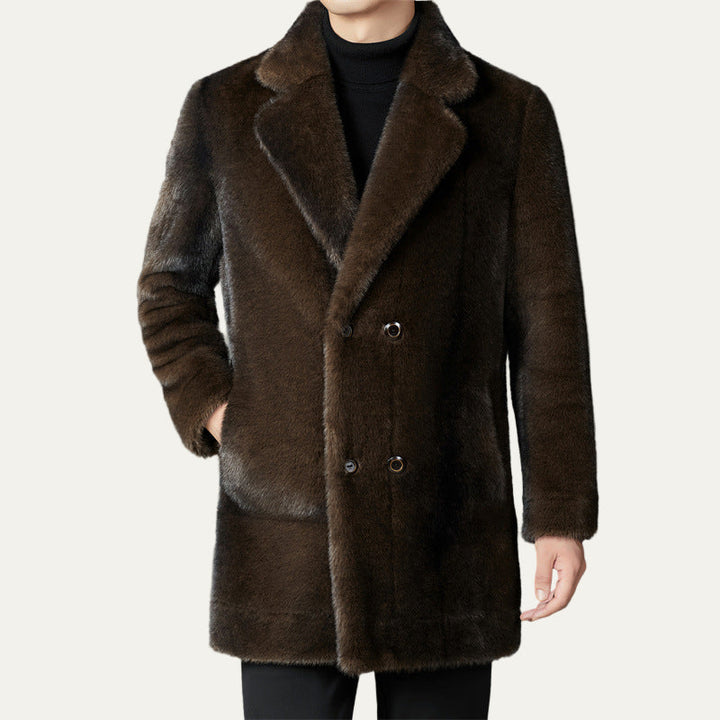 Mens Mid-Length Coat Faux Fur Double Breasted