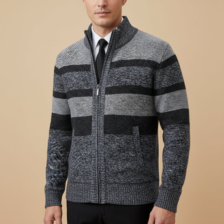 Mens Knit Zip Cardigan Warm Striped Fit