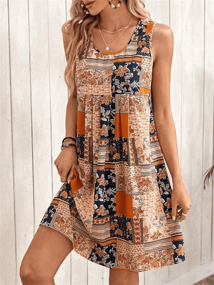 Womens Sleeveless Mini Dress Boho Patchwork Print - BritishMode