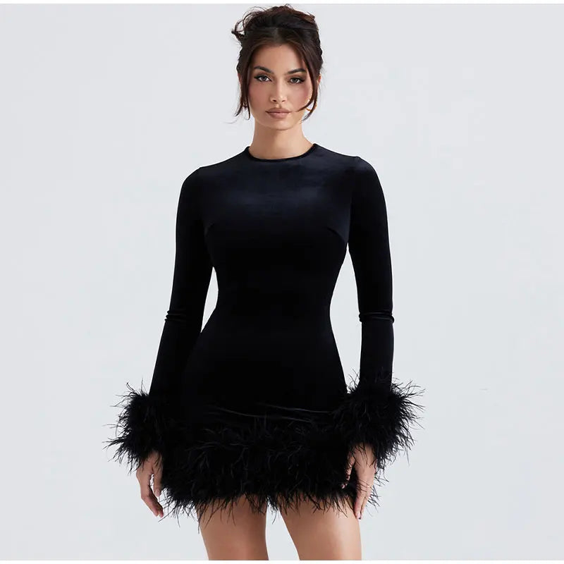 Womens Sheath Dress Feather-Trimmed Sleeves Elegant Fit
