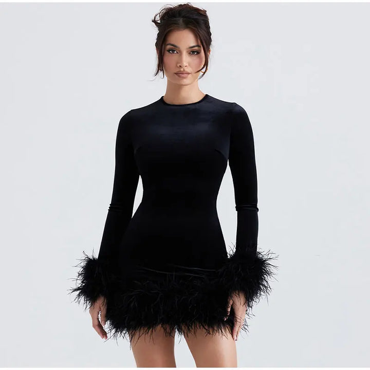 Womens Sheath Dress Feather-Trimmed Sleeves Elegant Fit
